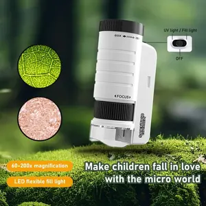 200X Kids Pocket Microscope - Portable HD Handheld Zoom, LED & UV Light, STEM Science Toy for Outdoor Exploration, Classroom & Home Use, Perfect Gift for Boys & Girls，Same Size as Phone or Cellphone
