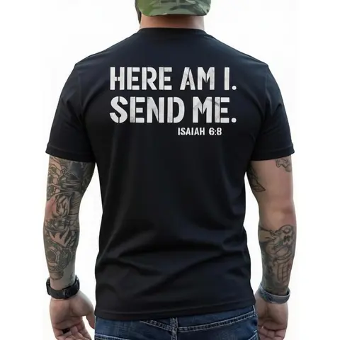 Men's "Here Am I Send Me" Faith Graphic Tee, Christian Clothing, Isaiah 6-8 Bible Verse Mens Gifts, Fathers Day Streetwear Gift for Dad, Faith Message Men's Short-Sleeve T-Shirts