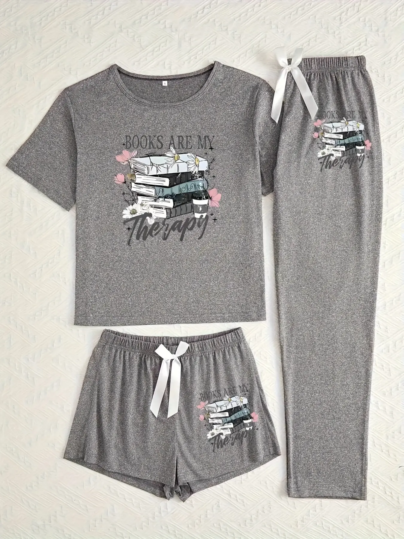 Floral Book Three-Piece Set, Women's Loose-Fitting Cartoon Pattern, Casual Home Wear, All-Seasons Comfortable, Single Unit Count, Pants