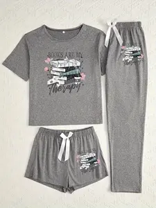 Floral Book Three-Piece Set, Loose-Fitting Cartoon Pattern, Casual Home Wear, All-Seasons Comfortable, Single Unit Count, Womenswear, Pants
