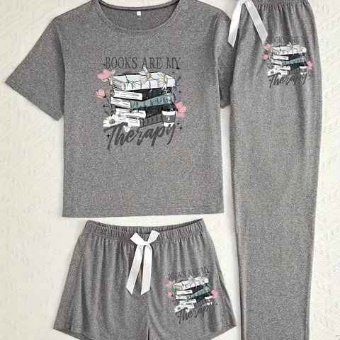Floral Book Three-Piece Set, Women's Loose-Fitting Baggy Round Neck Cartoon Pattern, Cozy Lounge Set, Casual Home Wear, All-Seasons Comfortable, Single Unit Count, Pants