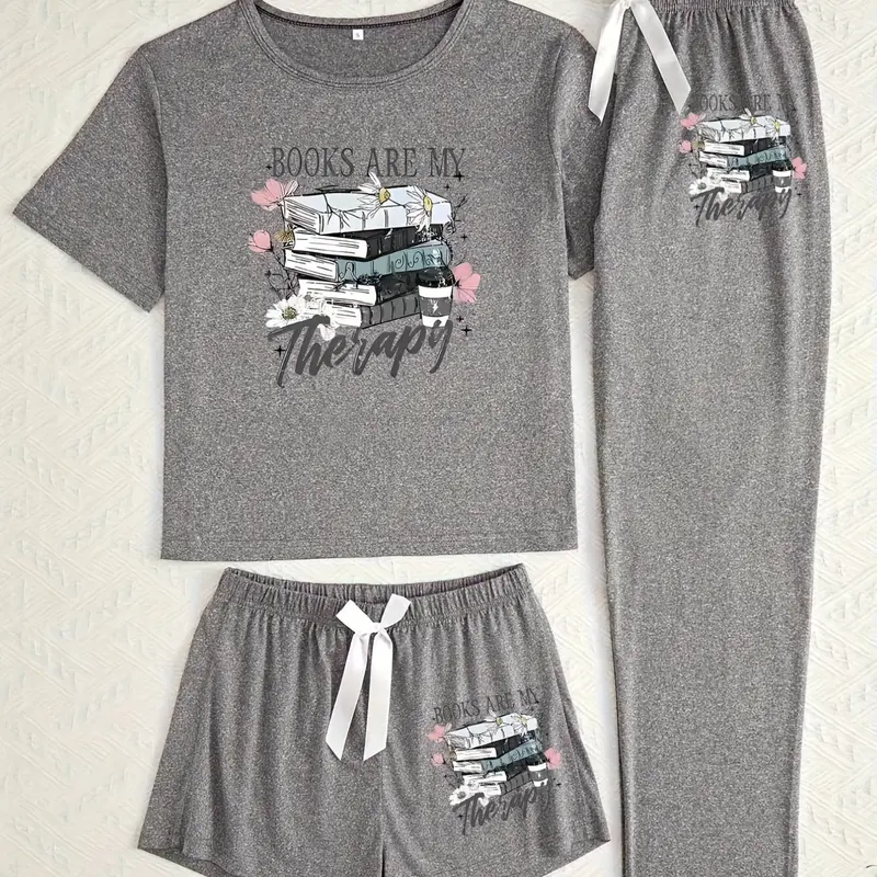 Floral Book Three-Piece Set, Women's Loose-Fitting Baggy Round Neck Cartoon Pattern, Cozy Lounge Set, Casual Home Wear, All-Seasons Comfortable, Single Unit Count, Pants