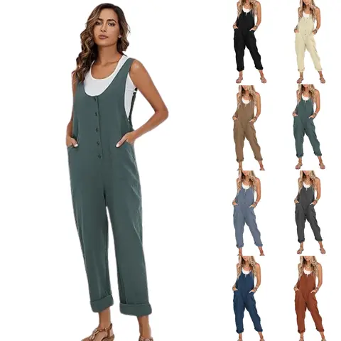 SCUSTY Women's Casual Loose Fit Women's Linen Cotton Overalls with Pocketed Jumpsuits