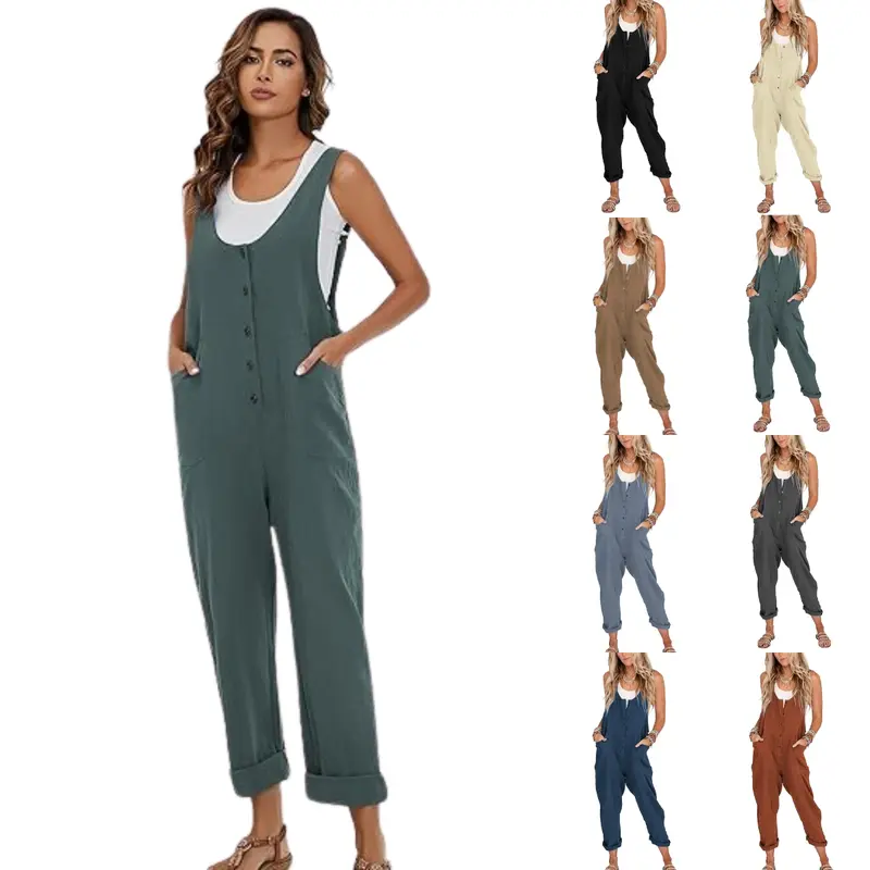 SCUSTY Women's Casual Loose Fit Women's Linen Cotton Overalls with Pocketed Jumpsuits