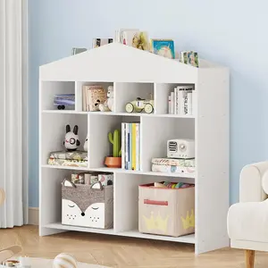 Toy Storage Organizer 9-Cubby Kids Bookshelf 40.7in Width White Wooden Bookcase Toddlers Playhouse Cabinet Shelf for Nursery, Kids Room