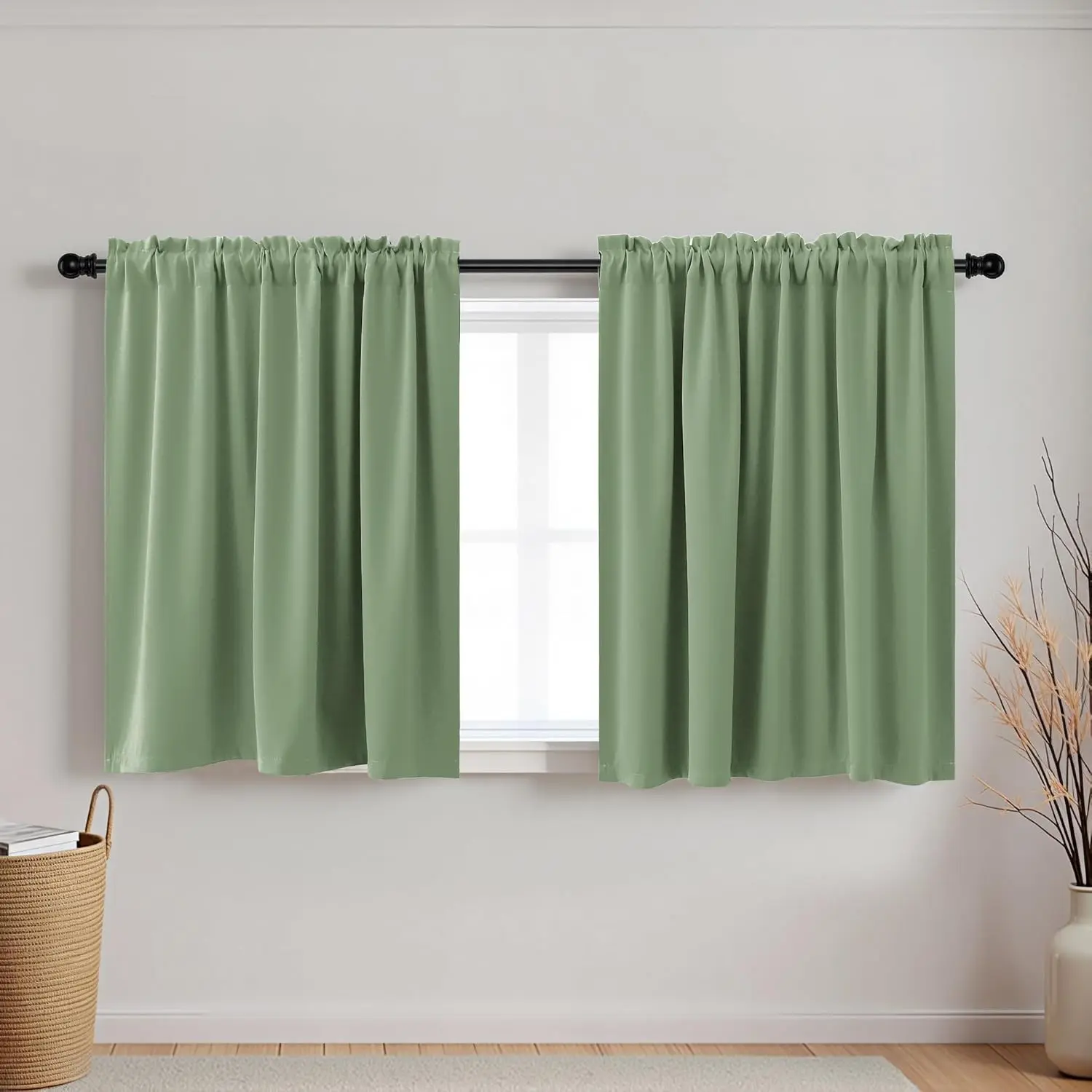Sage Green Boho Blackout Curtains - 2-Panel Short Curtains for Bathroom & Bedroom, 34 in Wide x 36 in Long