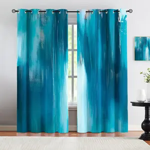 2pcs， Adopting perforated design installation, 100% polyester fiber, digital printed blue corrugated curtains, suitable for living rooms, kitchens, bedrooms, study rooms, dining rooms, and home decoration