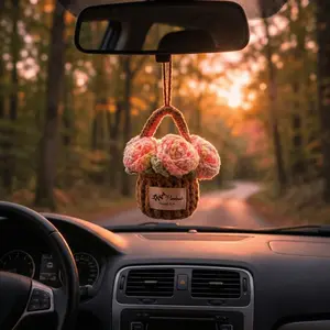 Handmade Crochet Flower Basket Car Hanging Charm – Boho Rearview Mirror Accessory, Cute Aesthetic Vehicle Interior Decor, Perfect Gift for Women New Car Owners Mother’s Day Birthday Christmas Road Trip Essential
