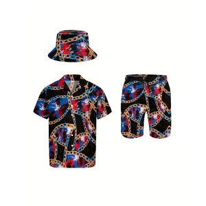 3pcs Men'S Hawaiian Shirt And Short Set, Golden Chain Luxury Baroque Graffiti Style Soft Fabric Breathable Shirt Button Short Sleeve Casual Beach Shirts Outfits With Bucket Hats