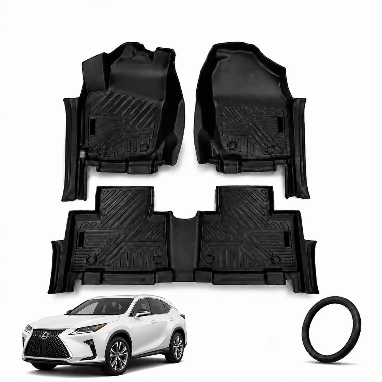 Custom Thermoplastic Elastomer (TPE) All-Weather Car Floor Mats Full Set - Deep Dish, Waterproof, Anti-Slip Liners with Factory Clips for Lexus, Off-Road Ready Driver, Passenger & Rear Complete Kit