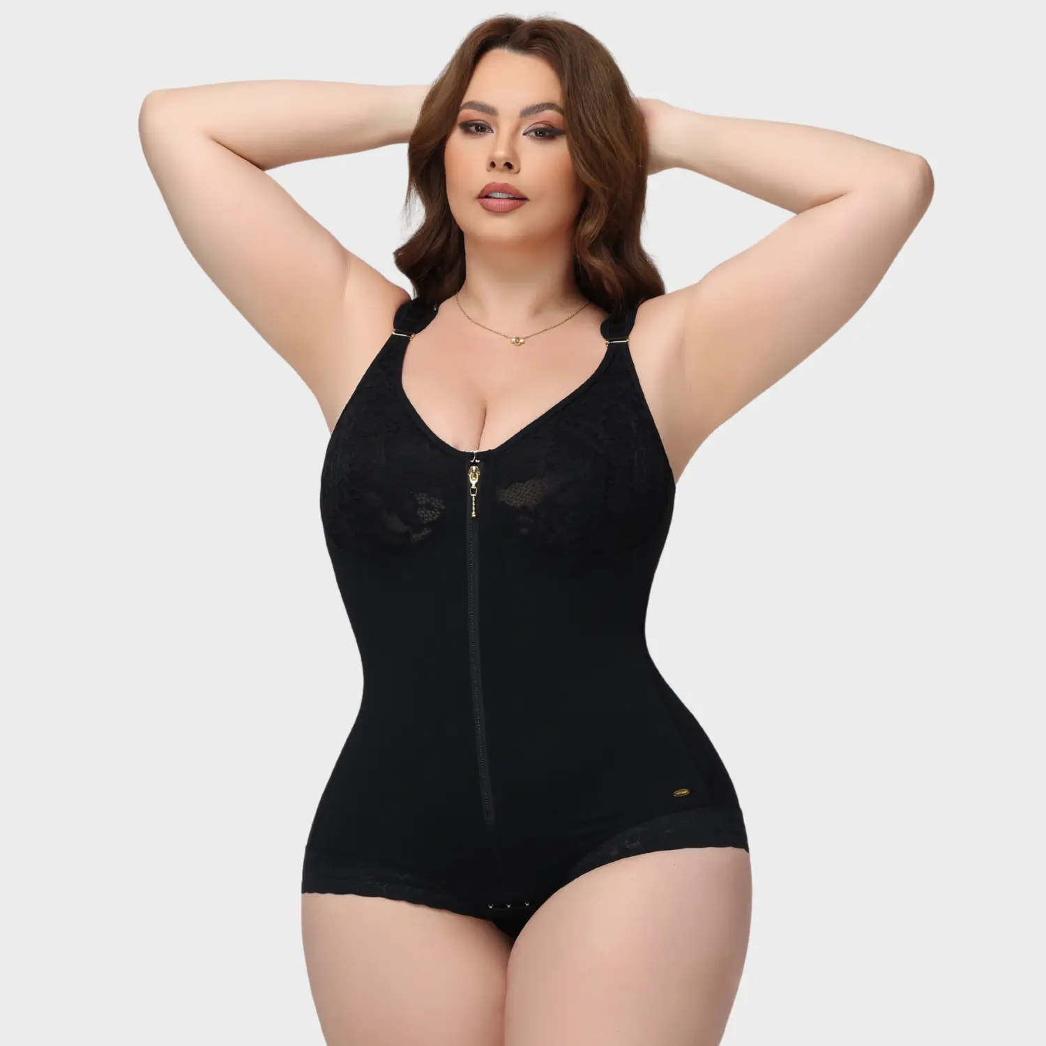 COOSHAPE Women's Sculpt Compression Shapewear Bodysuit, Nylon-Spandex Fabric with Front Zipper, Lace Trim, Elastic Adjustable Wide Shoulder Straps, Built-In Pads & Hip Lifters, Solid Plain Feminine Fit, Do Not Bleach, Hook-And-Loop Closure