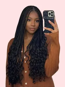 ZIHAN 36 Inch French Curly Braided Wigs with Curly End Synthetic HD Full Lace Box Braid Wig for Black Women Pre Plucked with Baby Hair Natural Black Effect Heat Resistant Fibers