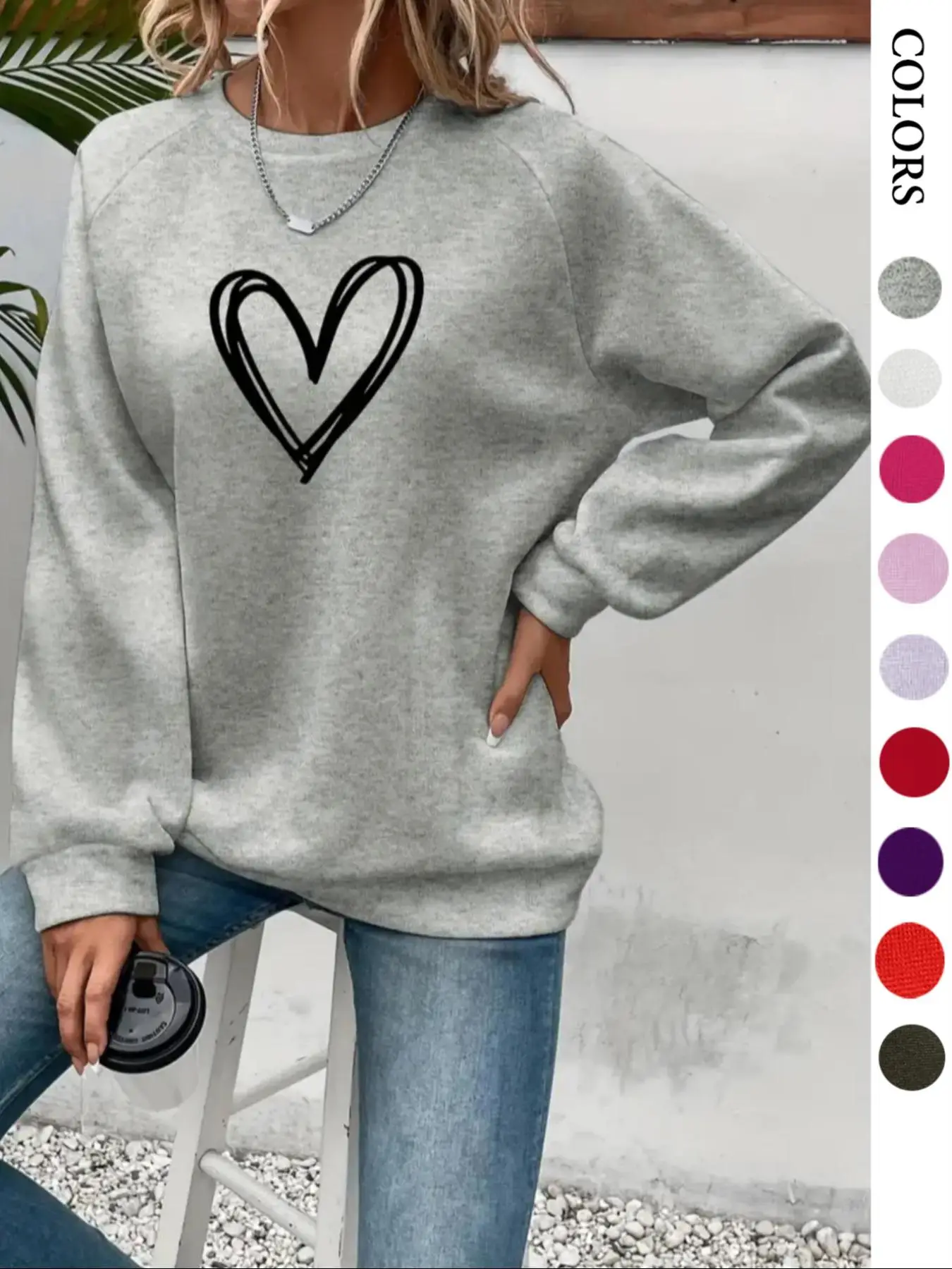 Women's Heart Print Raglan Sleeve Sweatshirt, Casual Long-Sleeve Round Neck Pullover For Fall & Winter, Women's Clothes For Daily Wear