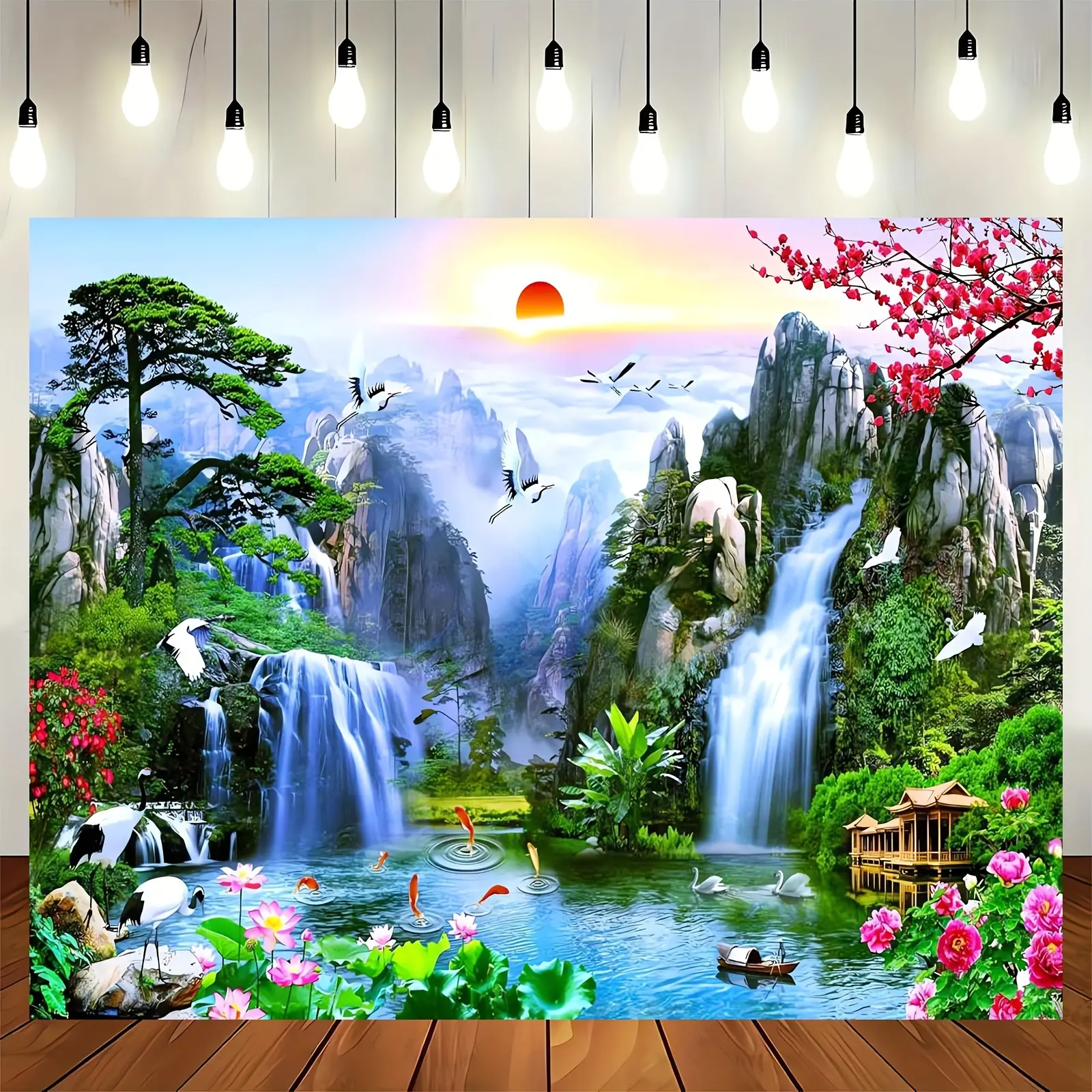 Lightweight Polyester Asian Landscape Waterfall Tapestry - Smooth Cherry Blossom-Crane Print Wall Hanging, Synthetic Fabric Edit for Living Room-Bedroom Home Decor, Anniversary-Outdoors Backdrop
