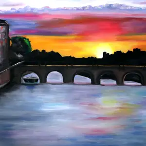 Sunset Over Pont Neuf Bridge Oil Painting – Paris Seine River Art (36x24)