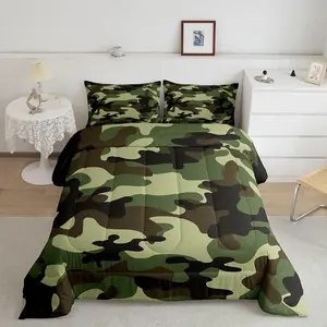 Camo Designer Comforter Set,Army Camouflage Lightweight Twin Size Bedding Set,Youth Colorful Pattern Art Decor Bed Comforter,Brown Green Quilt Set