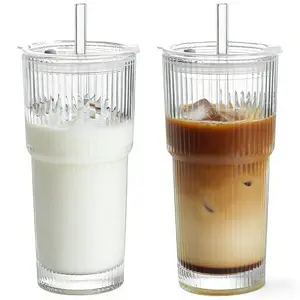 Sturdy Stylish Ribbed Glass Drinkware - Elegant Kitchenware for Cocktails, Coffee, Fruit Beverages - Versatile for Key Occasions