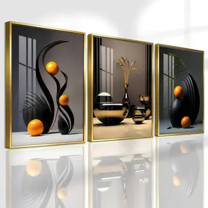 3 Counts Aluminum Alloy Framed Painting, Modern Abstract Black And Gold Geometric Sculpture Art, Geometric Pattern Design, Home Decoration For Living Room, Bedroom Wall Decor, Decorative Wall Art, Odorless Print Artwork, Luxury Gift For Friends And Family