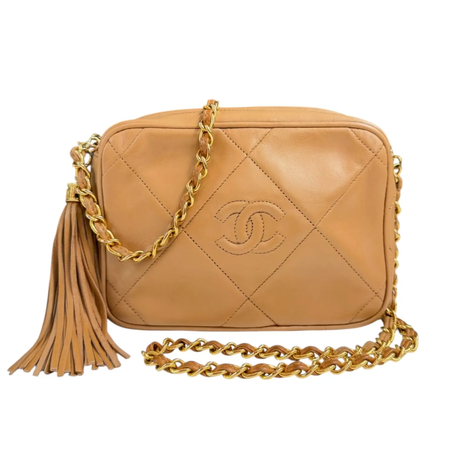 Pre-owned CHANEL lambskin Crossbody Bags Tan Diamond CC Quilted Tassel Camera Bag