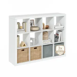 White 12-Cube Composite Wood Bookcase - Triple-Thick Frame Cube Shelf, 15.3x57.4x43.3in Organizer, Room Decor for Living Room, Home Office