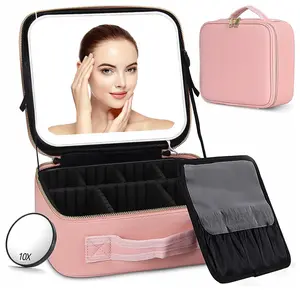Makeup Bag with LED Mirror | Travel Cosmetic Organizer with Adjustable Dividers & Brush Storage