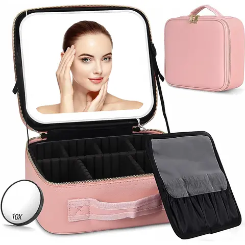 LED Cosmetic Travel Bag with Lights - Waterproof Wipeable PU Leather Travel Makeup Pouch, Adjustable Dividers, Brush Storage, 3 Light Modes, 10x Magnifying Mirror, Batteries Included, 10.2x8.7x4.4 Inches for Detailed Tasks