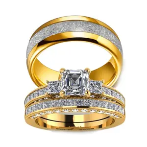 Classic 14k gold plated fashion couple rings for men, elegant square wedding rings with Cubic Zirconia for women, wedding/engagement couple jewelry