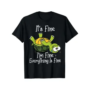 Men's "It's Fine" Turtle Graphic T-Shirt - 100% Cotton Casual Shortsleeve Breathable Fabric, Soft Black, Comfortable Fit, Funny Mental Health Gift for Friends & Family