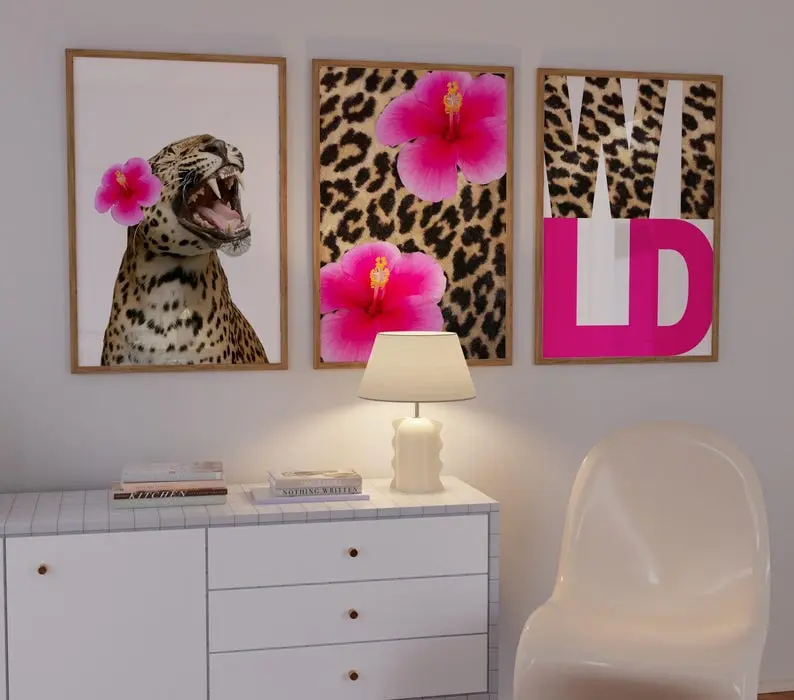 Wild Cheetah Hibiscus Poster Set Hot Pink Animal Print Wall Art Cute Dorm Decor Tropical Aesthetic  Set of 3