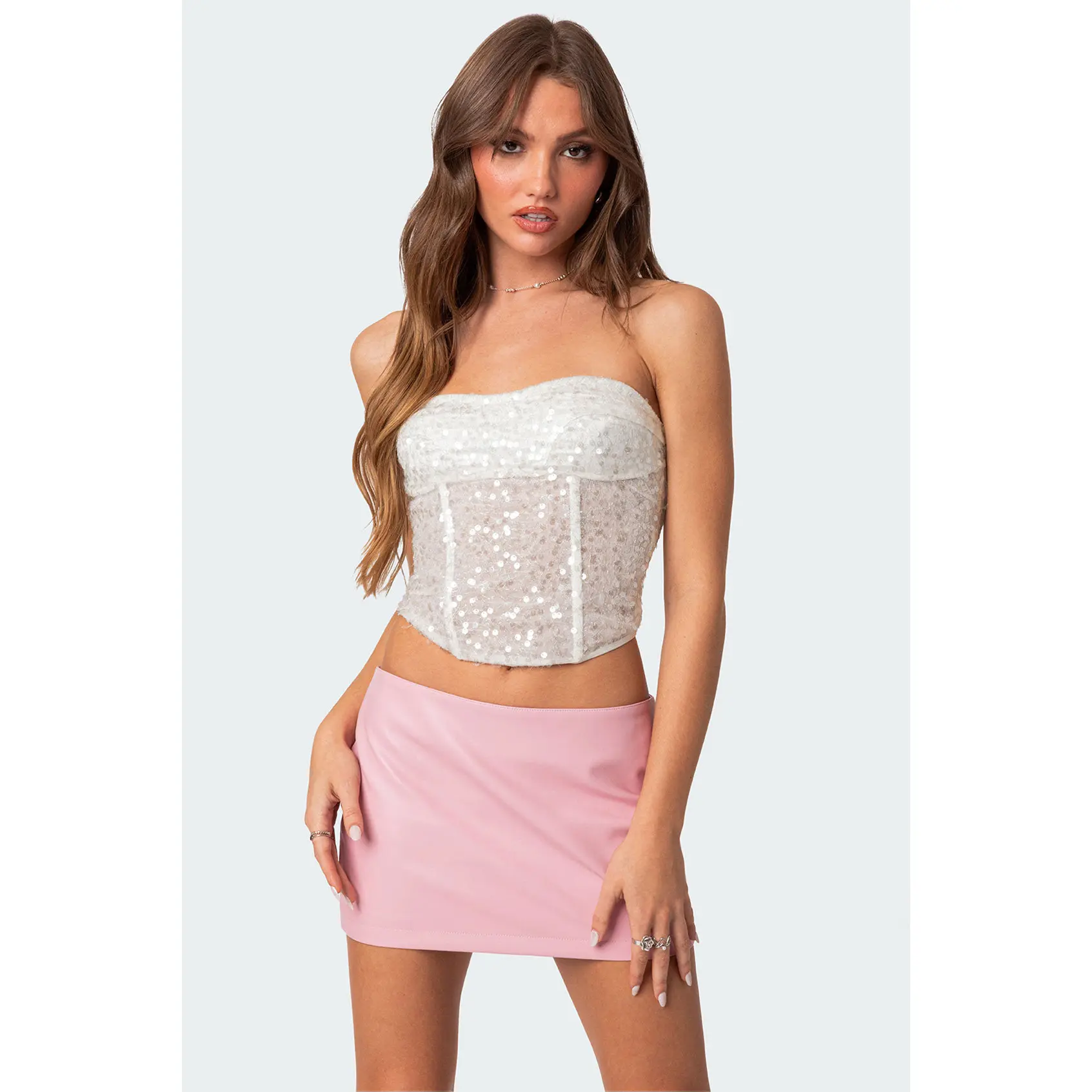 Semi Sheer Sequin Lace Up Corset