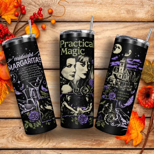 Midnight Witch Movie Tumbler Collection 30oz 40oz, Purple Rose Magic Travel Cup with Lid, Gothic Halloween Film Fan Gift