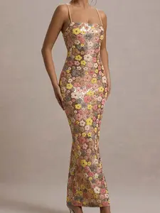 2026 Spring Summer New Women's Flower Sparkle Patchwork Slim Party Maxi Dress Straps Fashion Sexy Sleeveless Evening Dress Suitable for Birthday Party, Office, Outdoor Shopping and Daily Wear