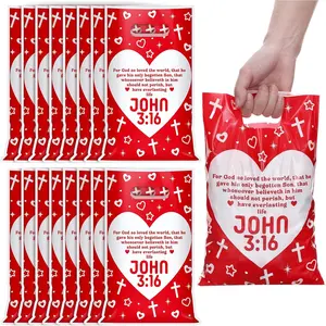 Panelee 100 Pcs Valentine's Day John 3: 16 Plastic Goody Bags with Handles Religious Christian Cross Treat Candy Gift Bag for Kids Adult