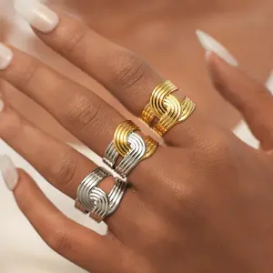 Stainless Steel Women's Ring Irregular Stripe Unique Design Open Ring Metal Texture Finger Ring Aesthetic Jewelry Women