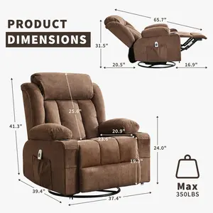 Power 360°Swivel Rocker Recliner Chair with Heat and Massage for Big and Tall Adults Oversized Electric Glider Reclining Chairs with Remote Control,Cup Holders,Side Pockets,USB Charge Port,Brown