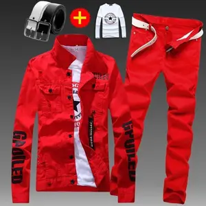 Men’s slim-fit denim jacket and pants set (2 pieces), long-sleeve coat with letter print, casual, available in large sizes, black/white/red; boys’ trousers.