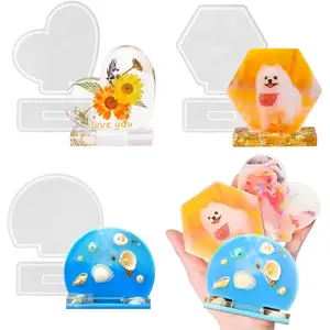 3 Set Small Size Photo Frame Resin Molds with Stand Holder Semi-Circular Heart Hexagonal Shape Silicone Picture Frame Molds for Epoxy Resin Gift Home Decor