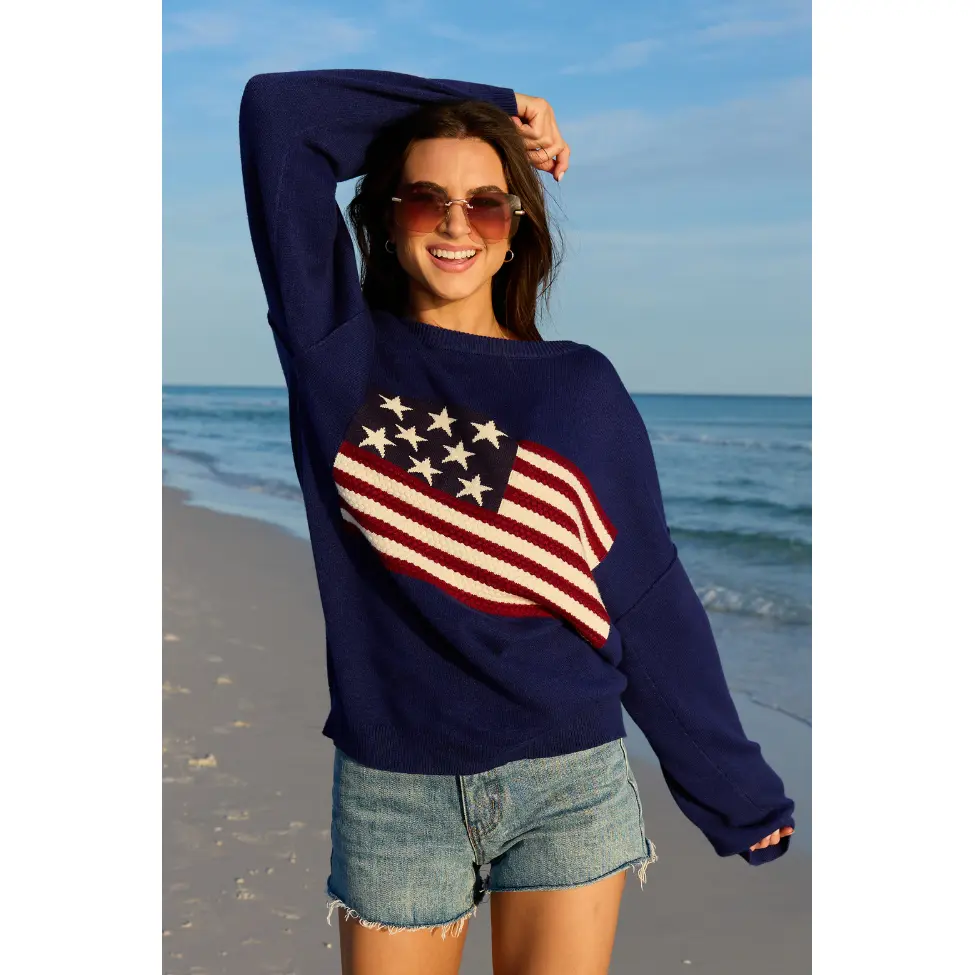 Home Of The Free Navy Textured Flag Sweater SALE