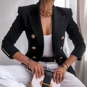 Women's Casual Blazer Jacket with Gold Buttons, Long Sleeves, and Lapel Open Front for Work and Office - Womenswear, Suit Fit Formal Coat Sophistication Outerwear Basic