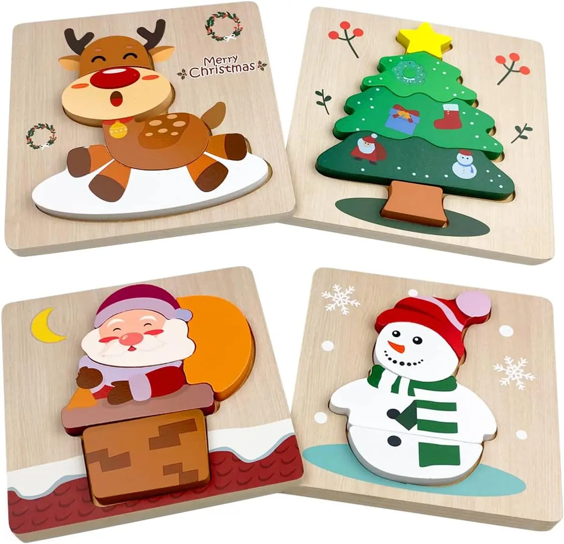 4 Pack Christmas Wooden Puzzles for Kids Toddlers Christmas Toys Christmas Stocking Stuffers Party Favors Gifts