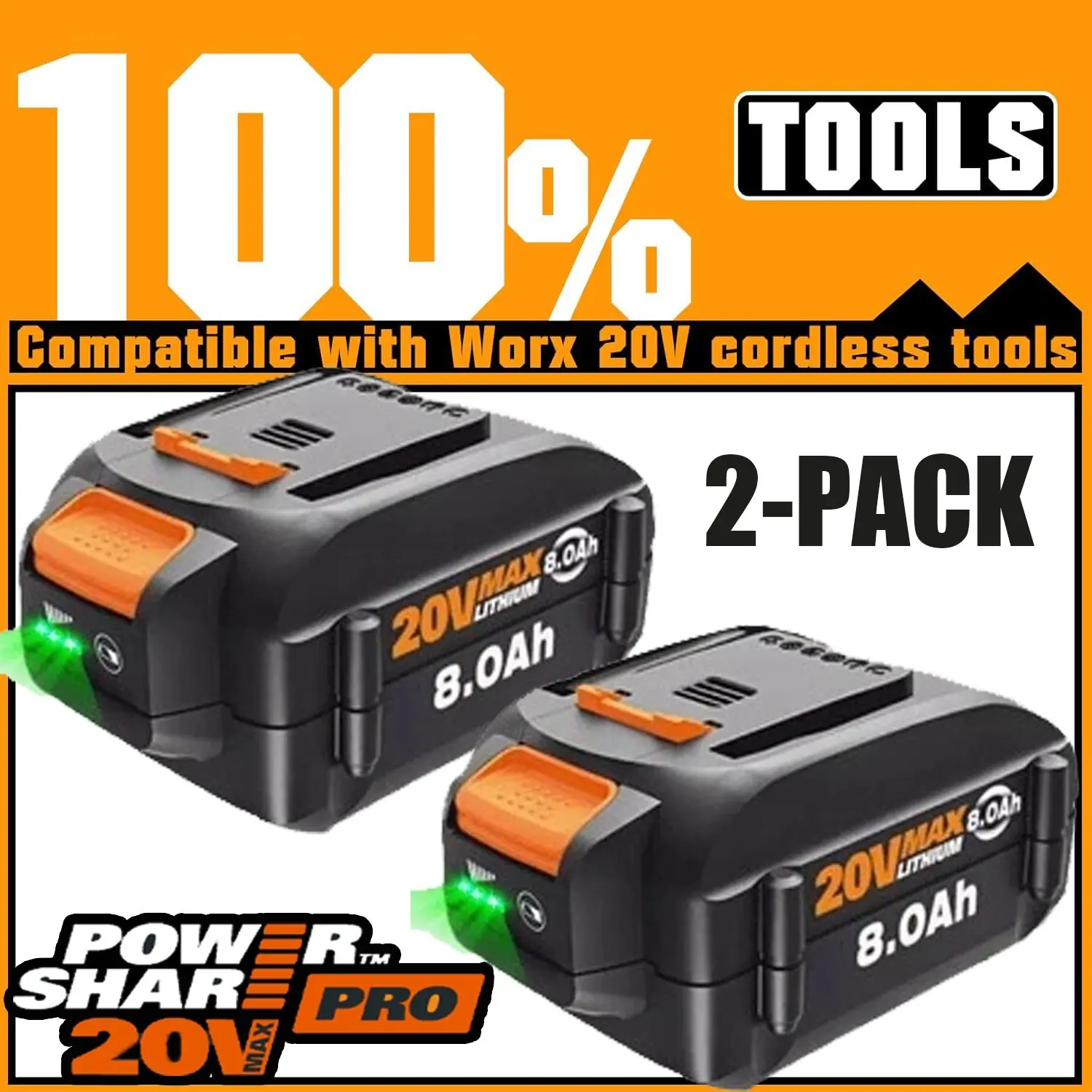 2-Pack 20V MAX 8.0Ah Lithium-Ion Batteries for Cordless & DIY Power Tools, WORX-Compatible Replacement with Built-In Protection Circuit for WA3525, WA3575, WA3520 Accessories (100% Brand New)