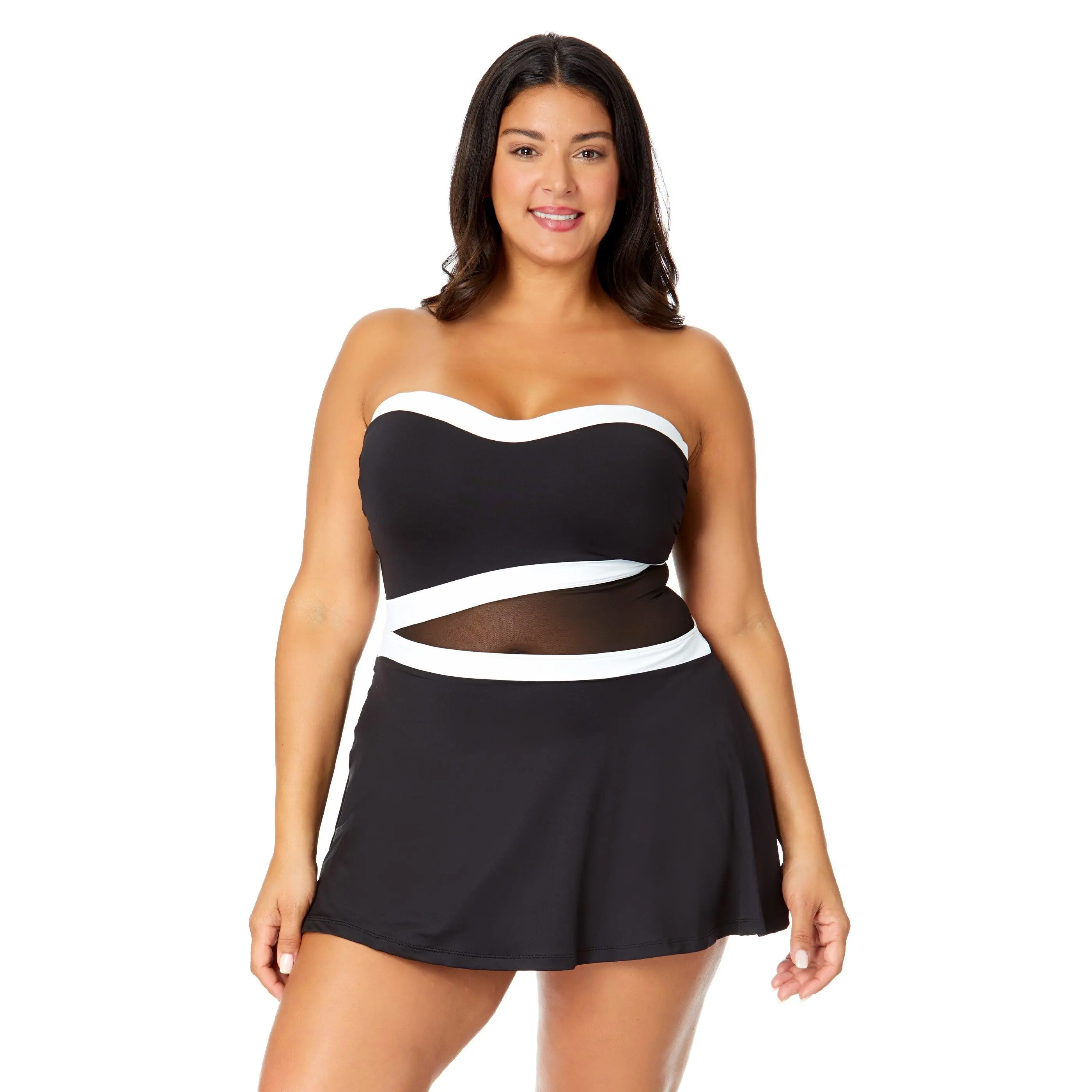 Women's Plus Mesh Around Paneled Strapless Mesh Swim Dress