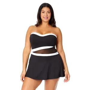 Women's Plus Mesh Around Paneled Strapless Mesh Swim Dress