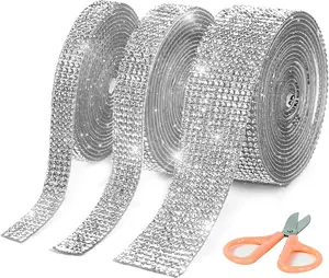 Crafiny 3 Rolls Self Adhesive Rhinestone Ribbon - Diamond Rhinestone Strips Non washable for DIY, Crafts, Decoration - Comes with a Scissor and Box