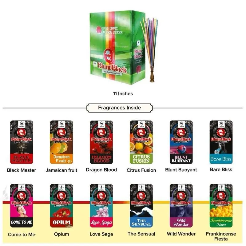 Blunt Black Floral Scented Incense Sticks Set - Handmade 11in Hand-Dipped, 12 Per Pack, 45 Mins Per Stick, Jasmine & Lavender, USA-Made Premium Oils, Even Clean Burn, Long-Lasting, Room Relaxation, Stress Relief, 11 Inches