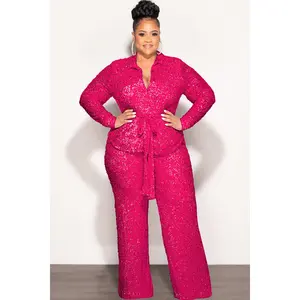 Final Sale Plus Size 2pc Sequin Set in Fuchsia