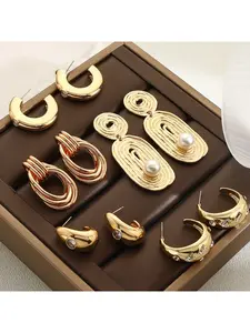 Retro 18K Gold Plated Geometric Stud Earrings for Women Exquisite Design Pearl CZ Drop Earrings Trend Party Jewelry Gifts