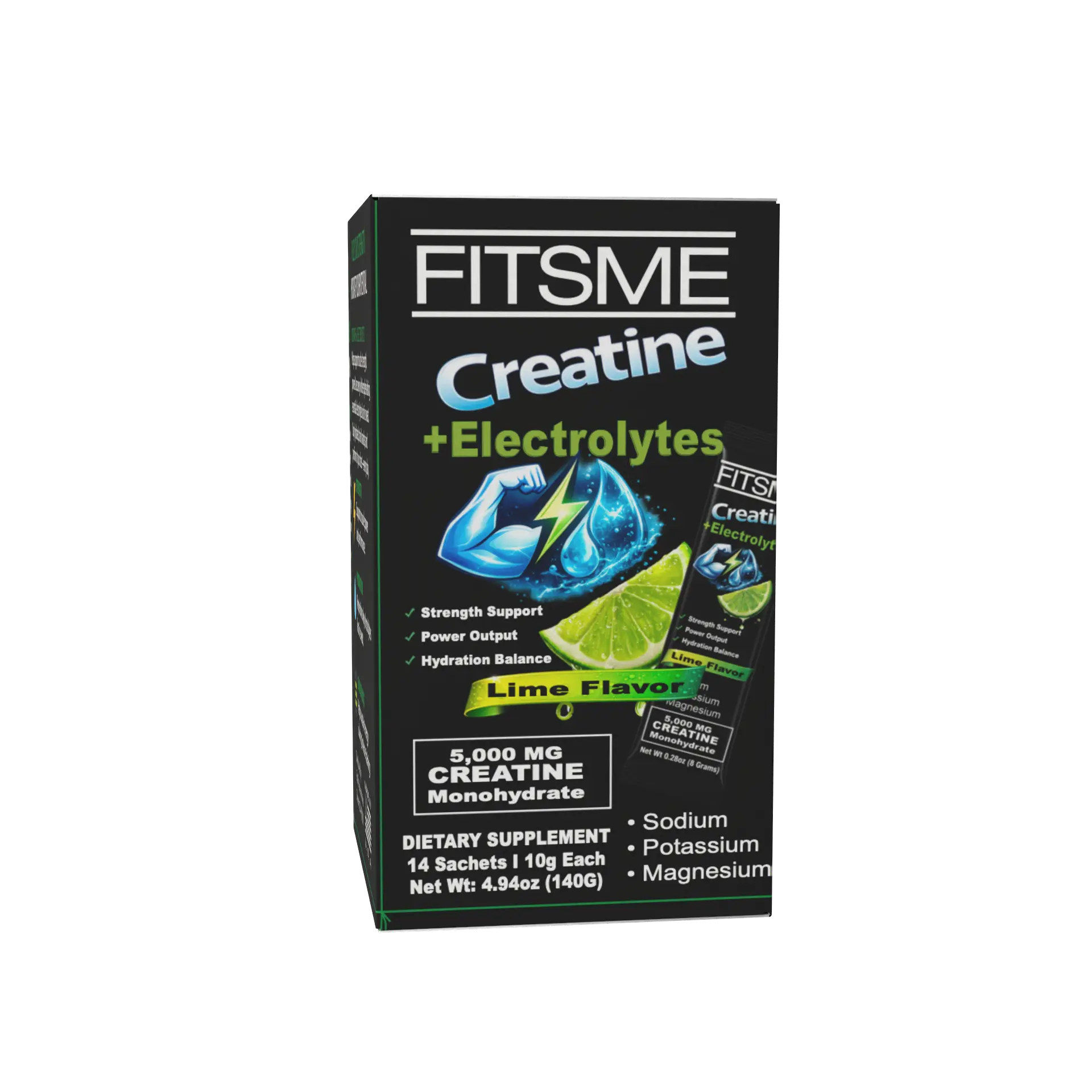 Fitsme Creatine Monohydrate Sachet Pack - Electrolyte-Infused for Hydration, Muscle Support, Fitness, and Nutrition Boost with Minerals, Sodium, Prop 65 Safe