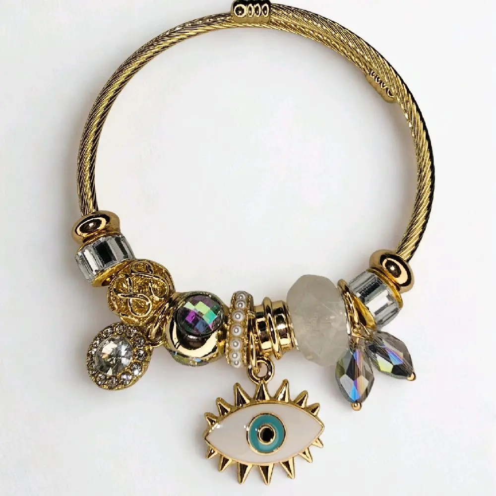 Evil Eye Charm Beaded Bracelet in Titanium Steel Alloy Cleansed, Charged, and Enchanted *Adjustable Fit* Radiant Protection with Unique Charms