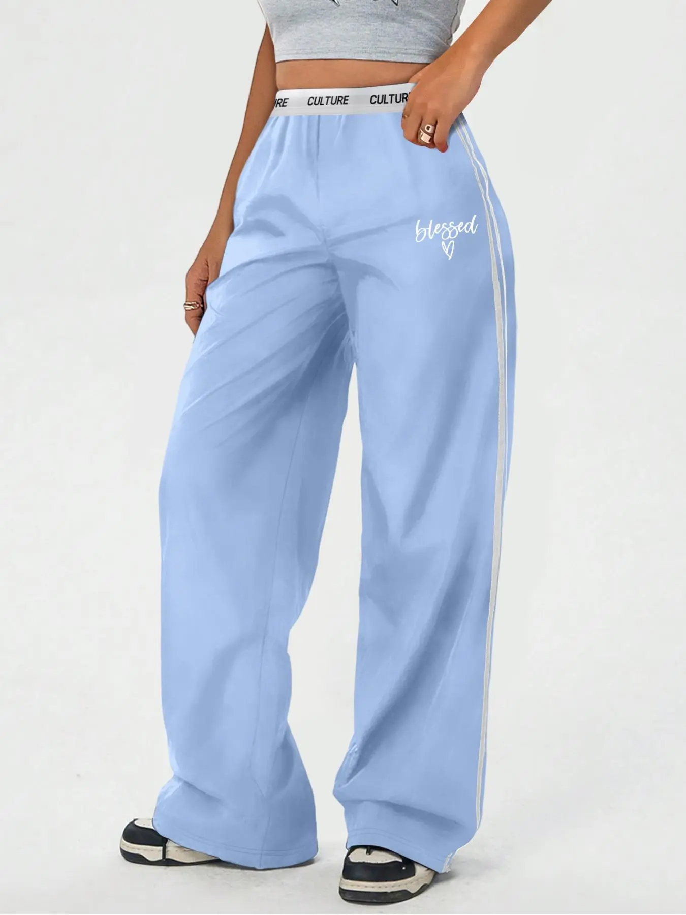 Women’s High Waist Athletic Pants, Loose Fit Straight Leg Joggers for All Seasons, Breathable Side Stripe Design for Comfort